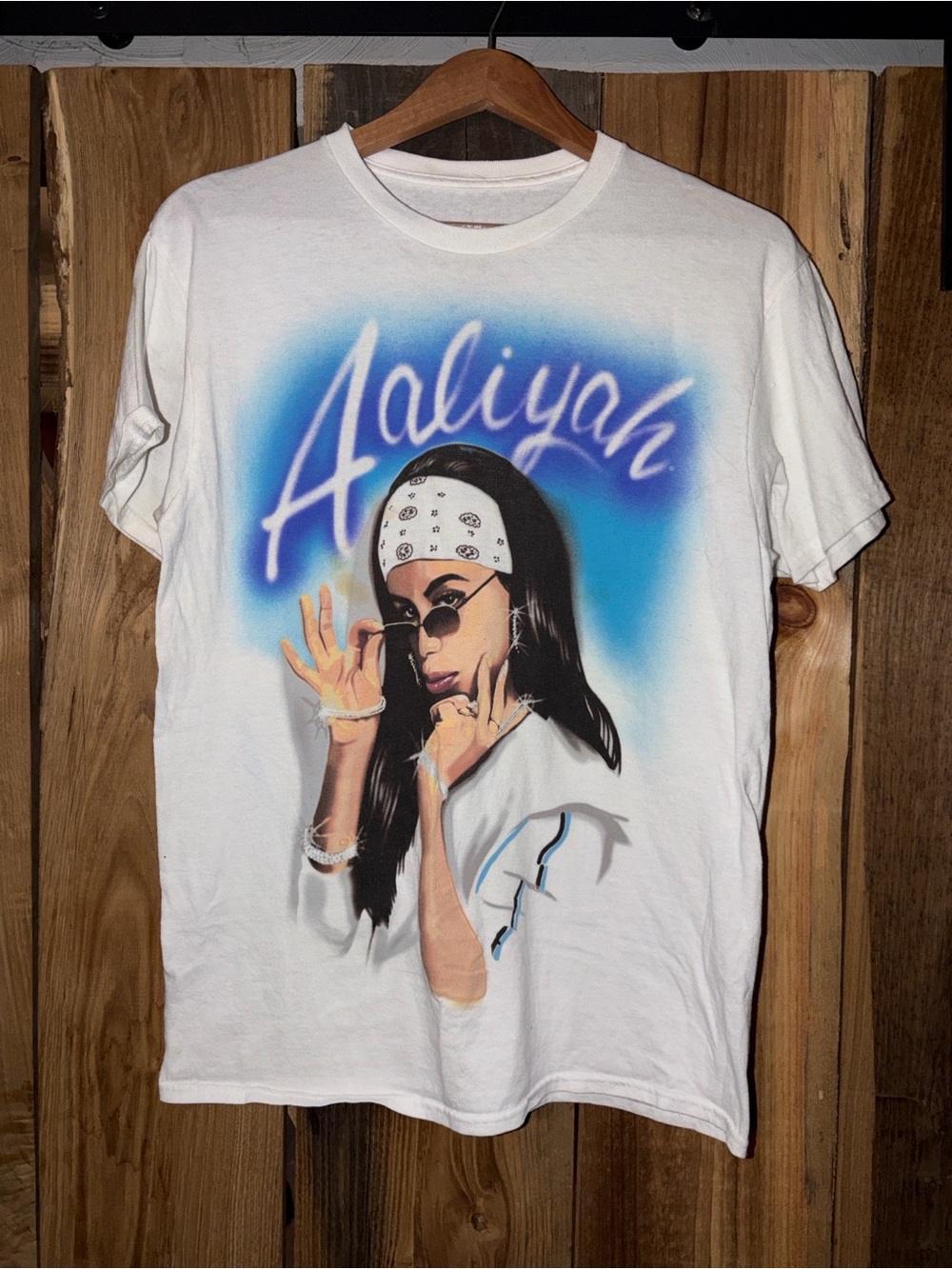 Aaliyah Graphic Tee - White with Blue Airbrush